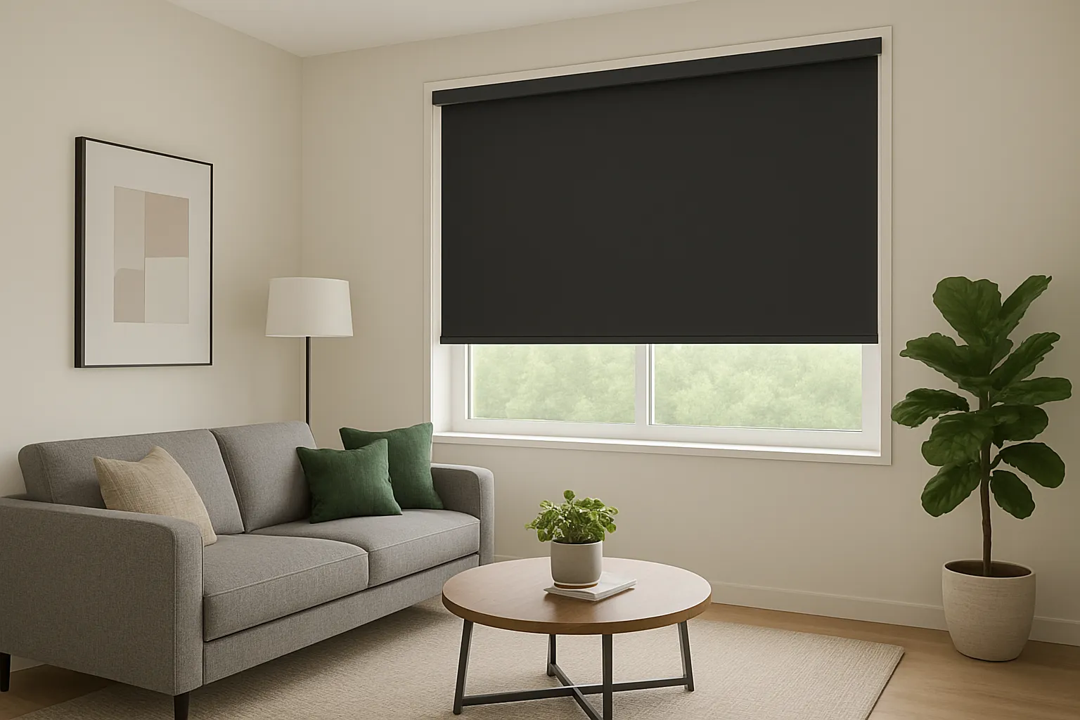 Sala de estar com persiana rolô blackout